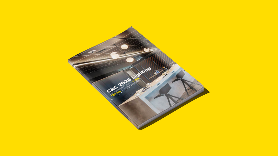 C&C Lighting 2026 commercial linear lighting solutions package booklet displayed in a minimal product mockup with modern architectural lighting imagery on a bright yellow background.