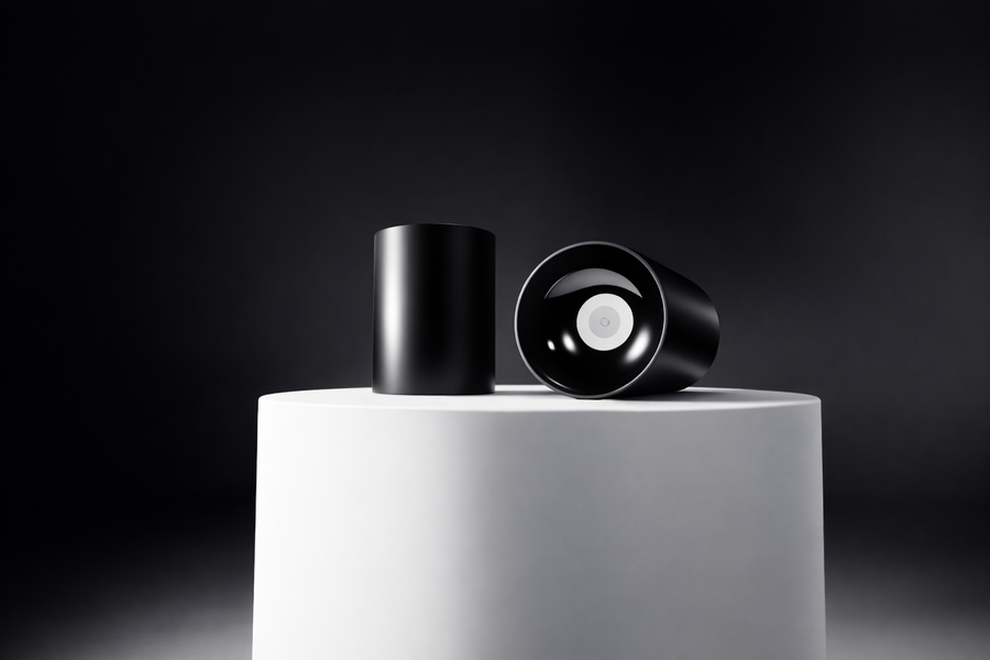 black cylinder LED down light by C&C Lighting shown in surface and angled view