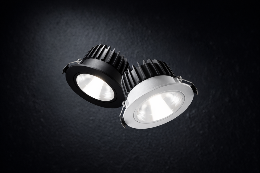 Two embedded anti glare recessed LED downlights with deep baffle design, shown in black and white trim finishes against a dark background.