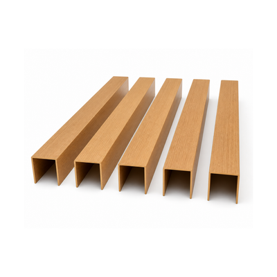 C&C Lighting aluminum ceiling baffles in wood grain finish showing U-channel profile construction, available in multiple sizes