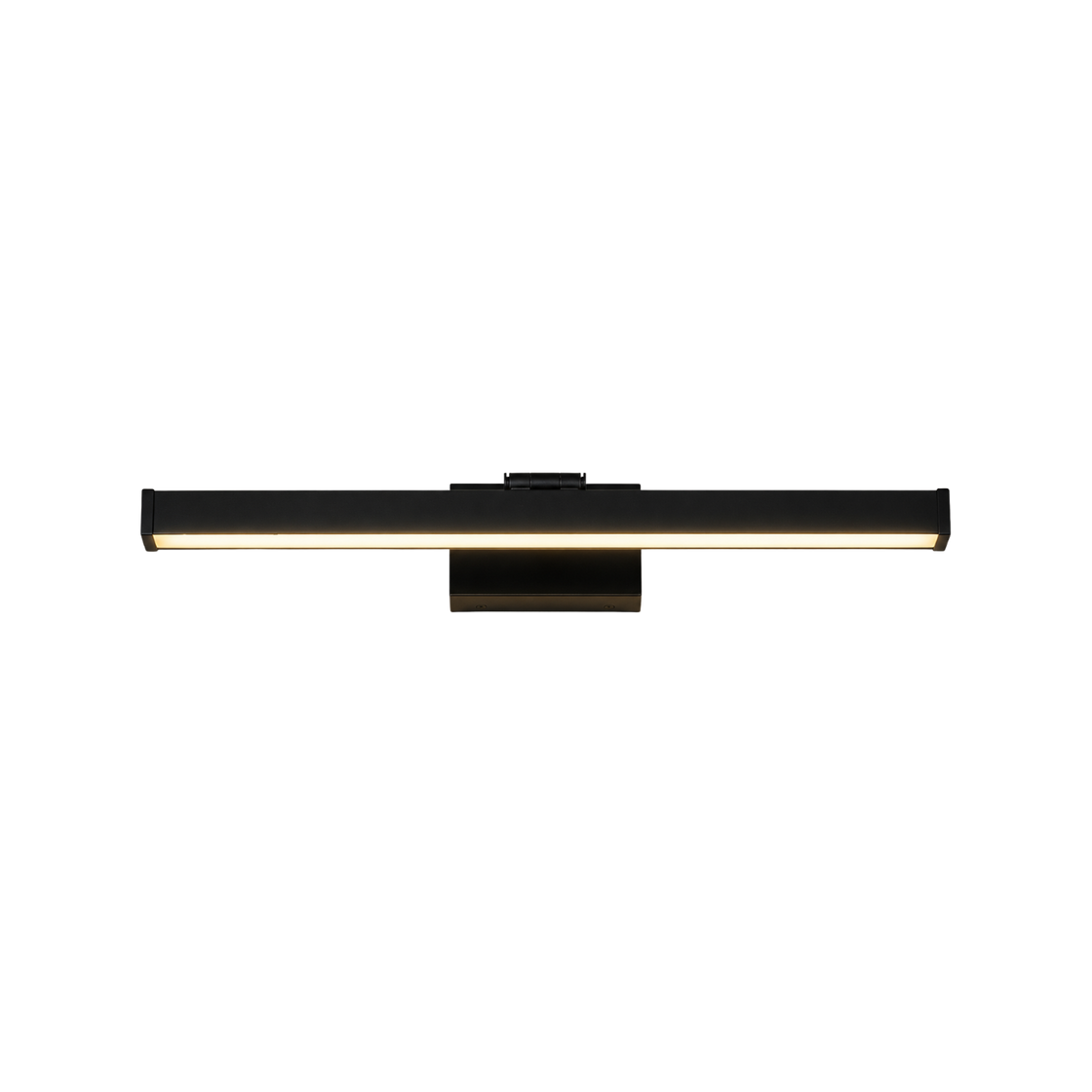 C&C Lighting Ansel slim black LED picture light with a long frosted light bar, a hinge on the top edge and a compact black wall box, glowing warm white