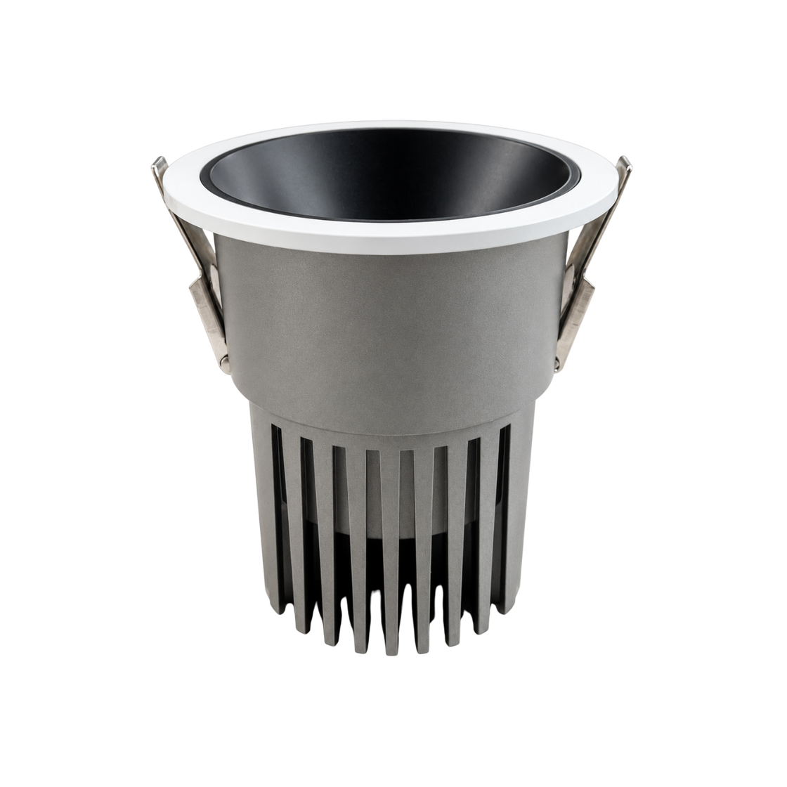 C&C Lighting Axion recessed COB LED downlight with a white trim ring, deep black reflector, grey aluminum body and ribbed heat sink
