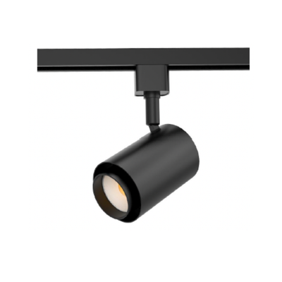 Matte black cylindrical LED track light head with warm white lens, mounted on a black ceiling track rail, isolated on white background