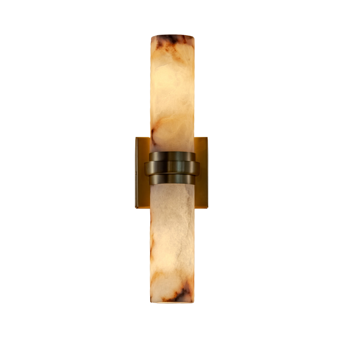 C&C Lighting Ambra slim vertical brass wall sconce with two glowing veined stone-look cylinder shades and a triple-ring collar on a black background