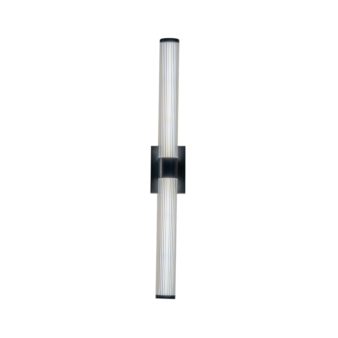 C&C Lighting Stria slim vertical black LED wall sconce with two fluted clear tubes and a center collar on a white background