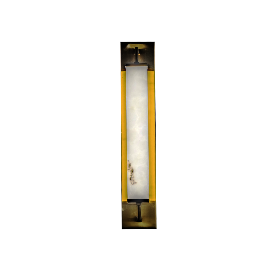 C&C Lighting Tessera slim vertical brass LED wall sconce with a rectangular veined stone-look diffuser on a white background