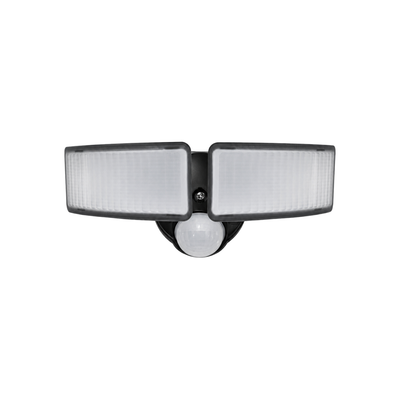 C&C Lighting LED Motion Security Light L5AMSG6B3AW-30W-BK — black dual-head outdoor flood fixture with integrated PIR motion sensor, adjustable light heads, and ribbed polycarbonate lens panels — 30W, 3000lm, 5000K, 180-degree detection, ETL listed, wet location rated