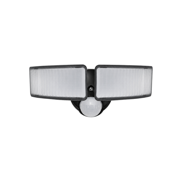 C&C Lighting LED Motion Security Light L5AMSG6B3AW-30W-BK — black dual-head outdoor flood fixture with integrated PIR motion sensor, adjustable light heads, and ribbed polycarbonate lens panels — 30W, 3000lm, 5000K, 180-degree detection, ETL listed, wet location rated