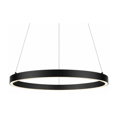 Custom curved LED ring pendant light in matte black finish with warm 3000K illumination suspended on a seamless white studio background by C&C Lighting.