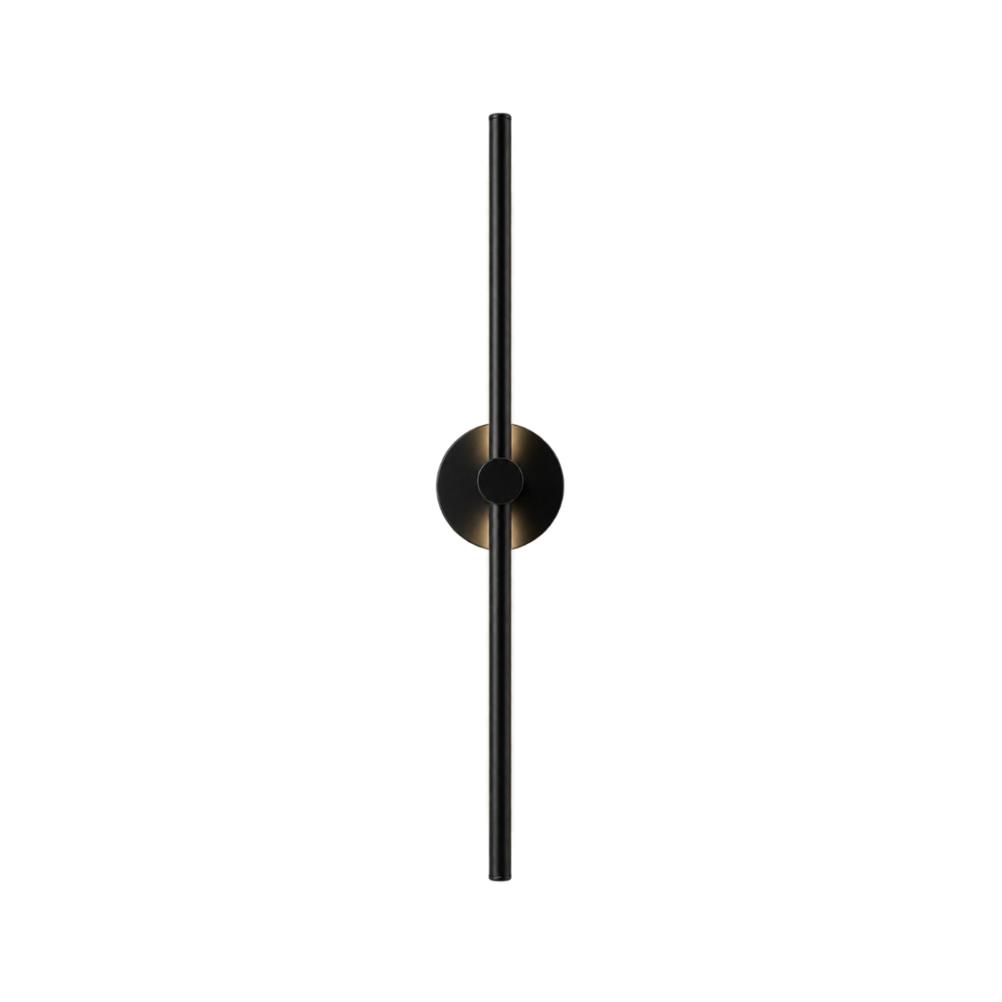 C&C Lighting Lance long slim black LED wall sconce with a vertical rod crossing a small round black backplate and center hub, with a soft warm glow around the plate
