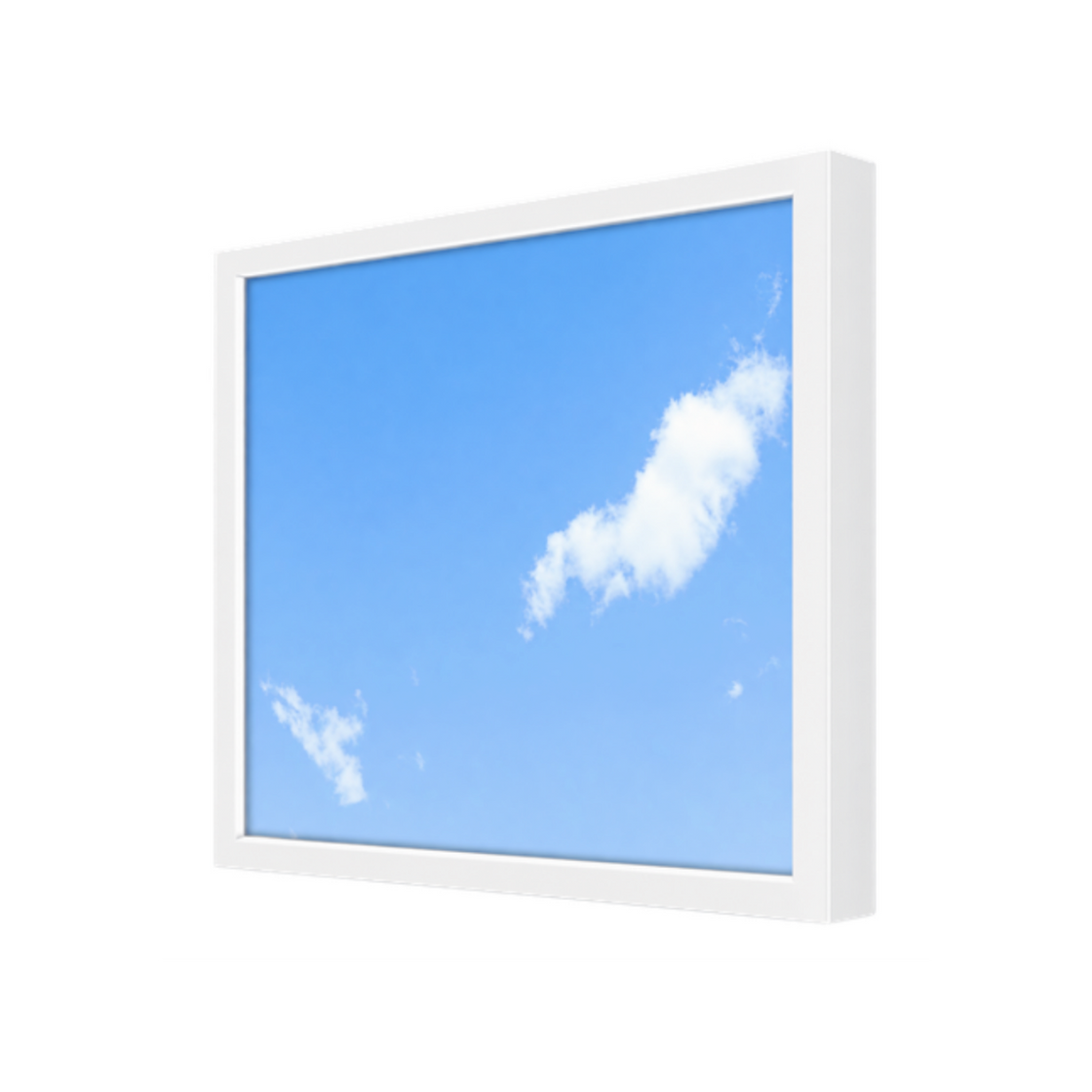 C&C Lighting Zenith dynamic sky ceiling panel in a white aluminum frame with a tempered glass face, displaying a blue sky and clouds scene.