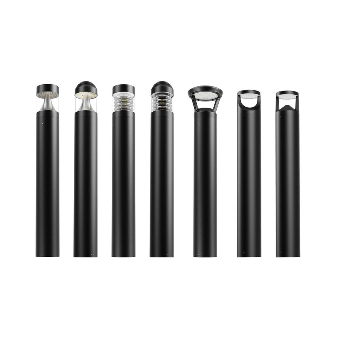 C&C Lighting LED Bollard Light BR06 Series — all seven interchangeable head styles in black finish displayed side by side: BR06A cone reflector flat top, BR06B cone reflector dome top, BR06C louvered reflector flat top, BR06D louvered reflector dome top, BR06E decorative wide top, BR06F decorative low-profile flat top, BR06G decorative low-profile flat top — die-cast aluminum housing, IP65 rated, UL Listed, available in 24-inch 30-inch 36-inch and 42-inch heights