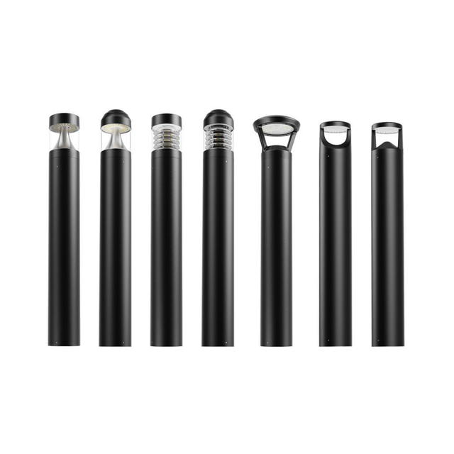 C&C Lighting LED Bollard Light BR06 Series — all seven interchangeable head styles in black finish displayed side by side: BR06A cone reflector flat top, BR06B cone reflector dome top, BR06C louvered reflector flat top, BR06D louvered reflector dome top, BR06E decorative wide top, BR06F decorative low-profile flat top, BR06G decorative low-profile flat top — die-cast aluminum housing, IP65 rated, UL Listed, available in 24-inch 30-inch 36-inch and 42-inch heights