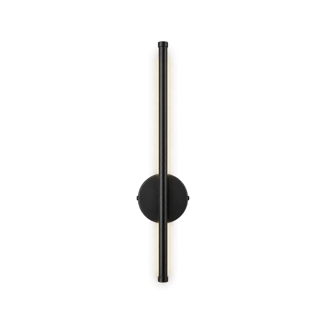 C&C Lighting Reed slim black LED wall sconce with a tall vertical rod centered on a small round black backplate, with a soft warm glow along both sides of the rod